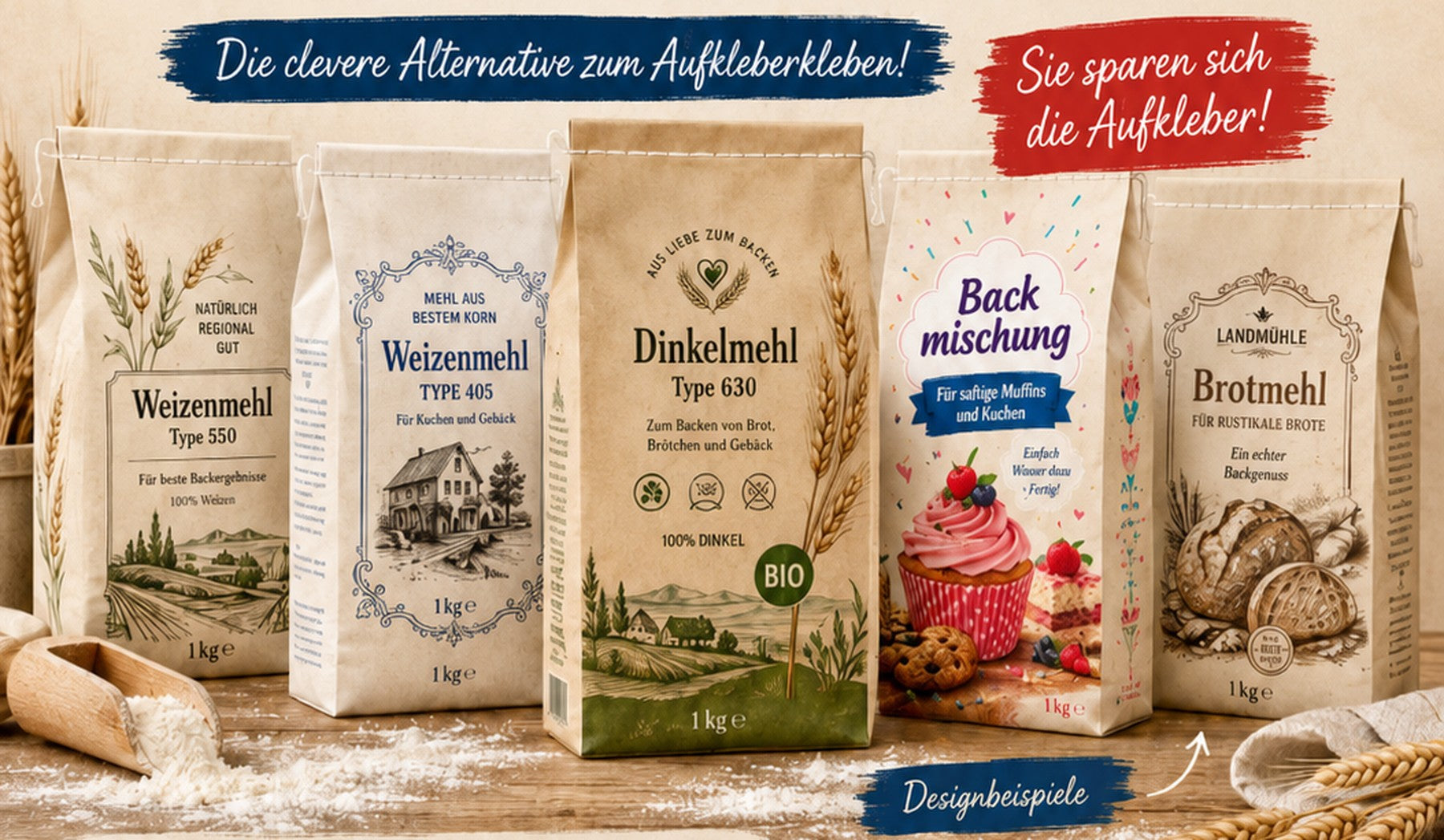 Sortenlinie mit bedruckten Mehltüten