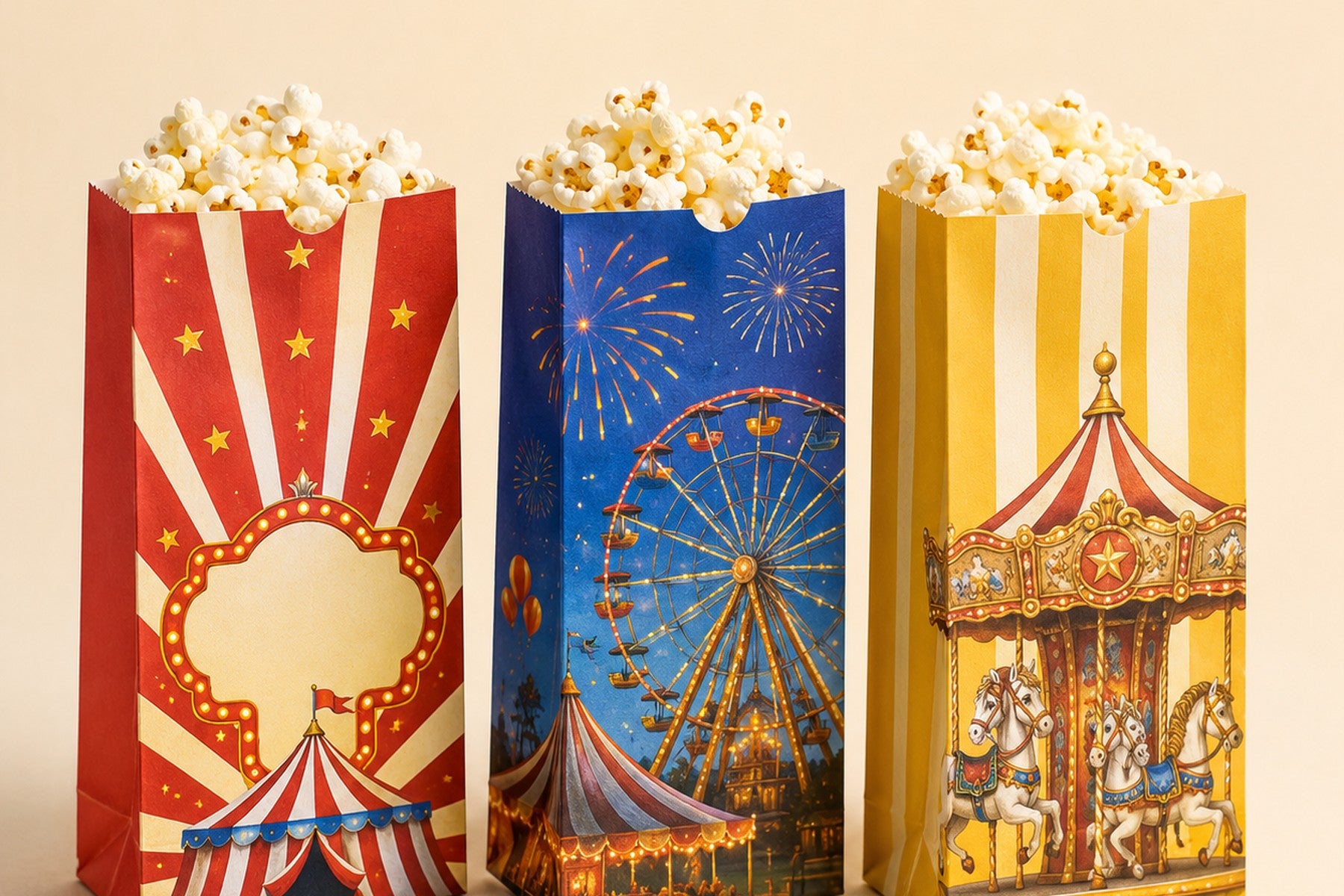 Bunte Popcorntüten als Klotzbodenbeutel für Zirkus und Schausteller